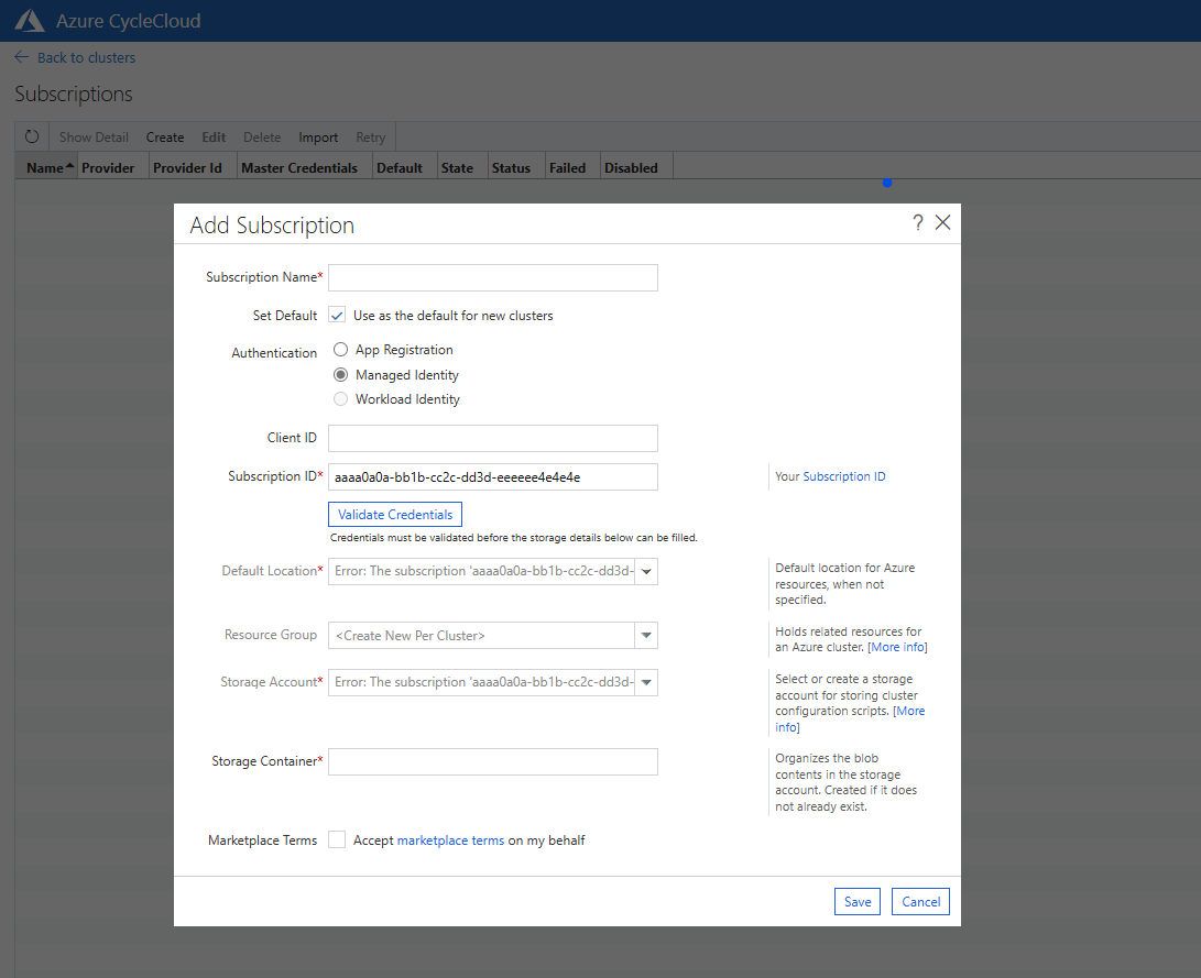 Screenshot showing the Add Subscription pop-up window in front of the Azure CycleCloud web application.