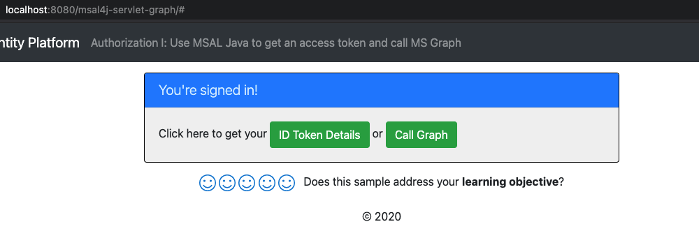 Screenshot showing the button to call graph displayed on the page after successfully signing in to sample application.