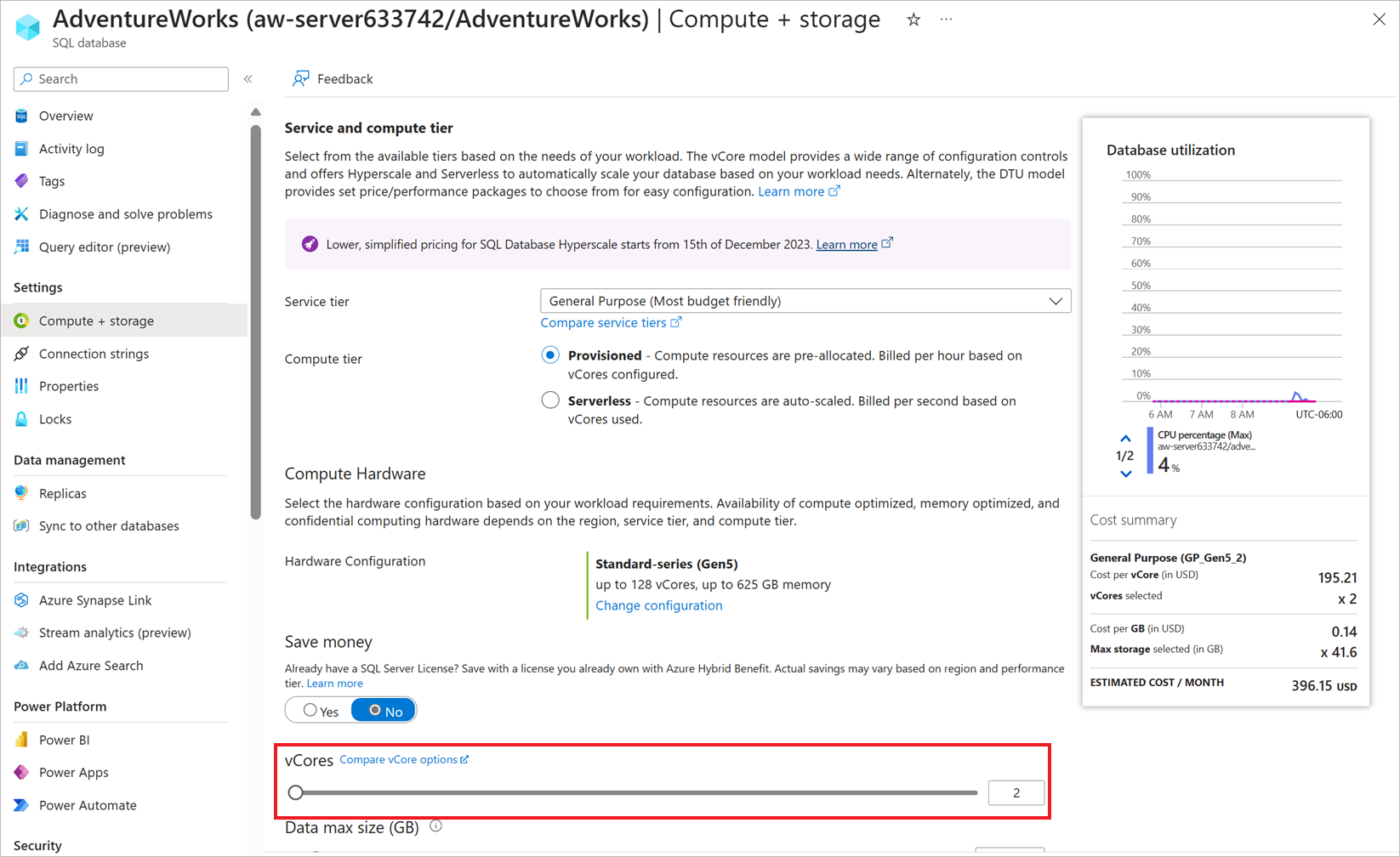 Screenshot of compute options in the Azure portal.