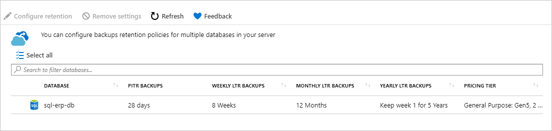 Screenshot of completed long-term retention policy settings.