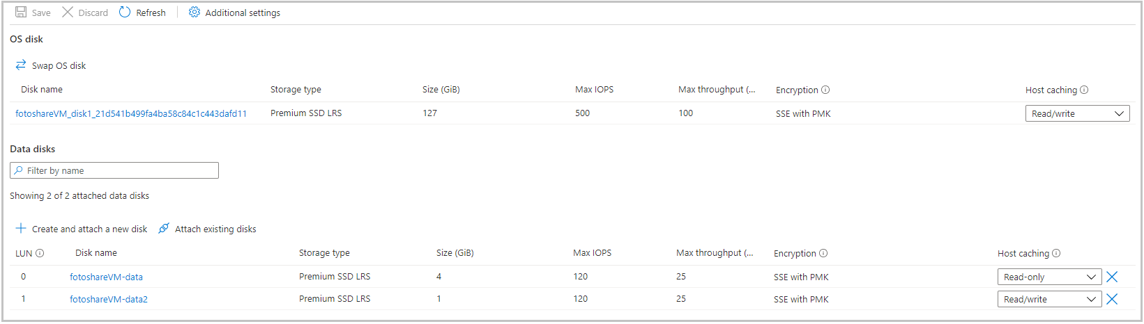 Screenshot of the Azure portal showing the Disks section of our VM pane with two data disks.