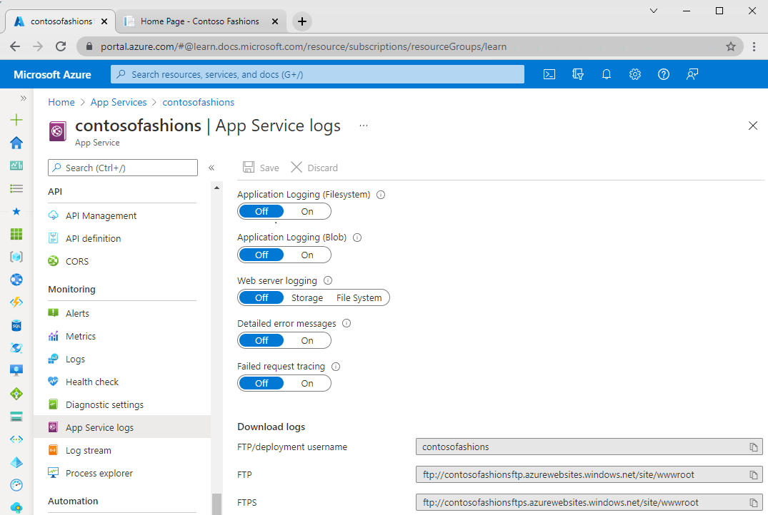 Screenshot of Diagnostics logs pane in the Azure portal.