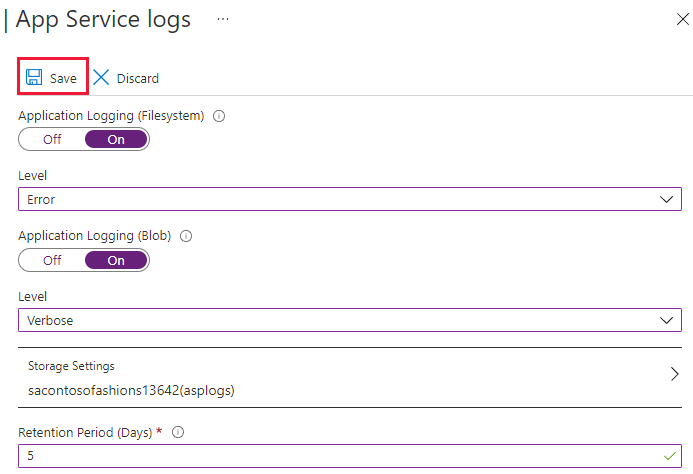 Screenshot of configuring application logs in the Azure portal with Save highlighted.