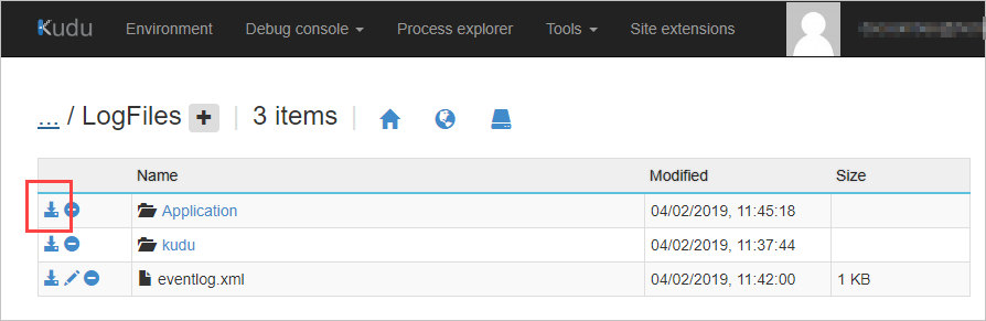 Screenshot of Kudu's user interface. It displays a file and folder listing with a highlight next to the download icon for the Application folder.
