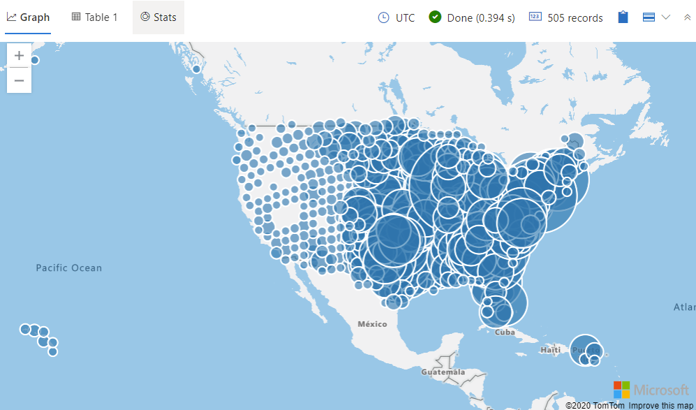 Screenshot of map chart result with circles showing number of events in a given area.