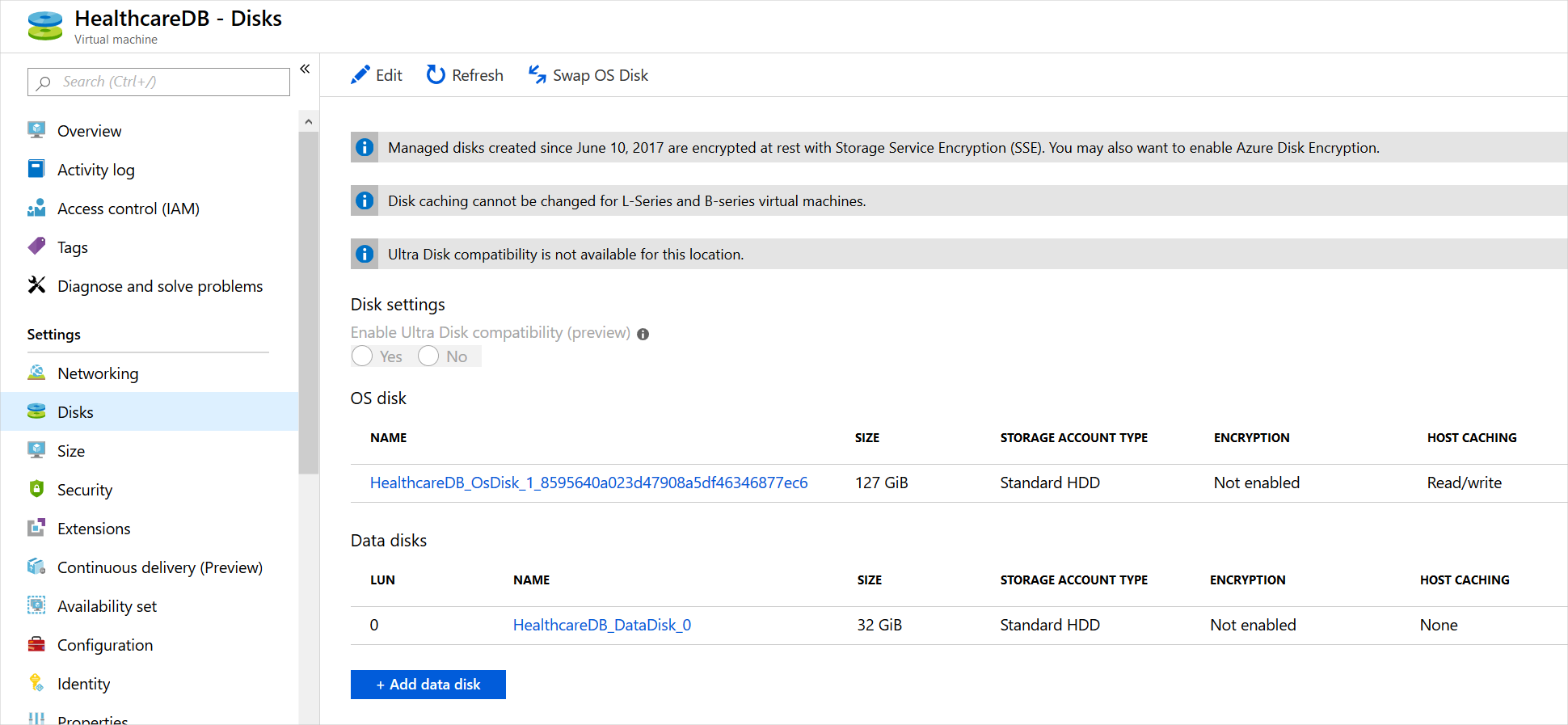 Screenshot of editing disks in the Azure portal.