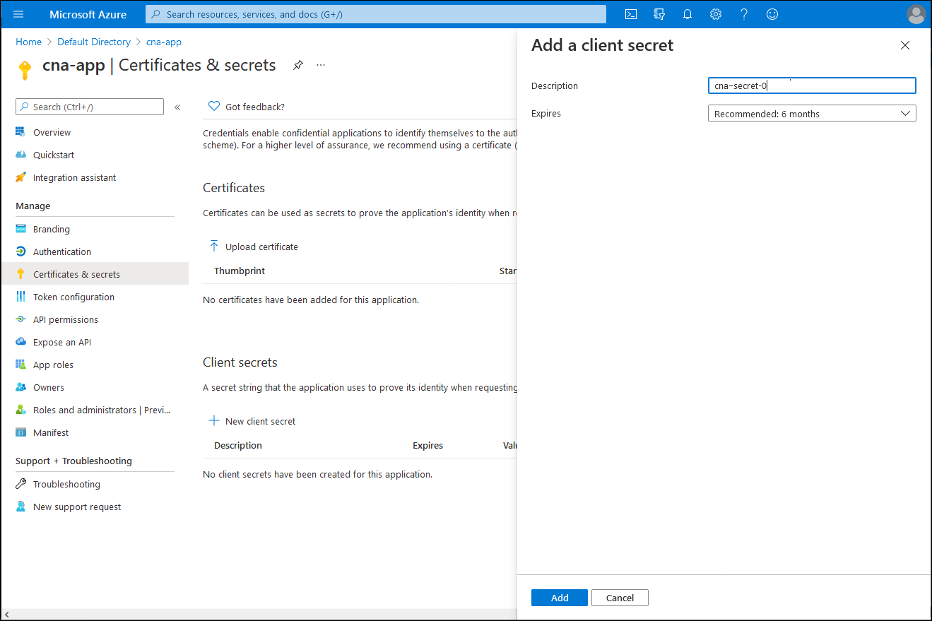 Screenshot of the Add a client secret blade in the Azure portal.