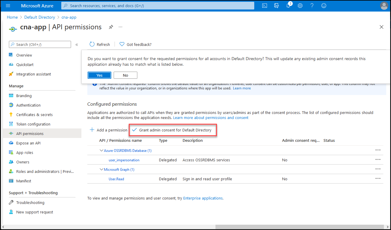 Screenshot of the cna-app API permissions blade in the Azure portal, with the prompt to confirm granting of the admin consent.