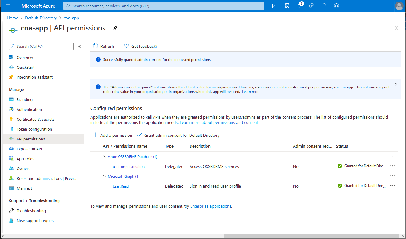 Screenshot of the cna-app API permissions blade in the Azure portal, with the consent and permissions granted.