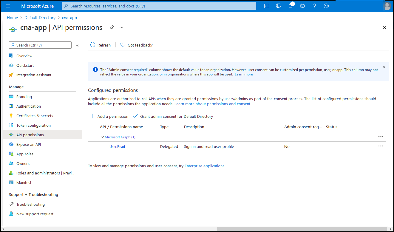 Screenshot of the cna-app API permissions blade in the Azure portal.