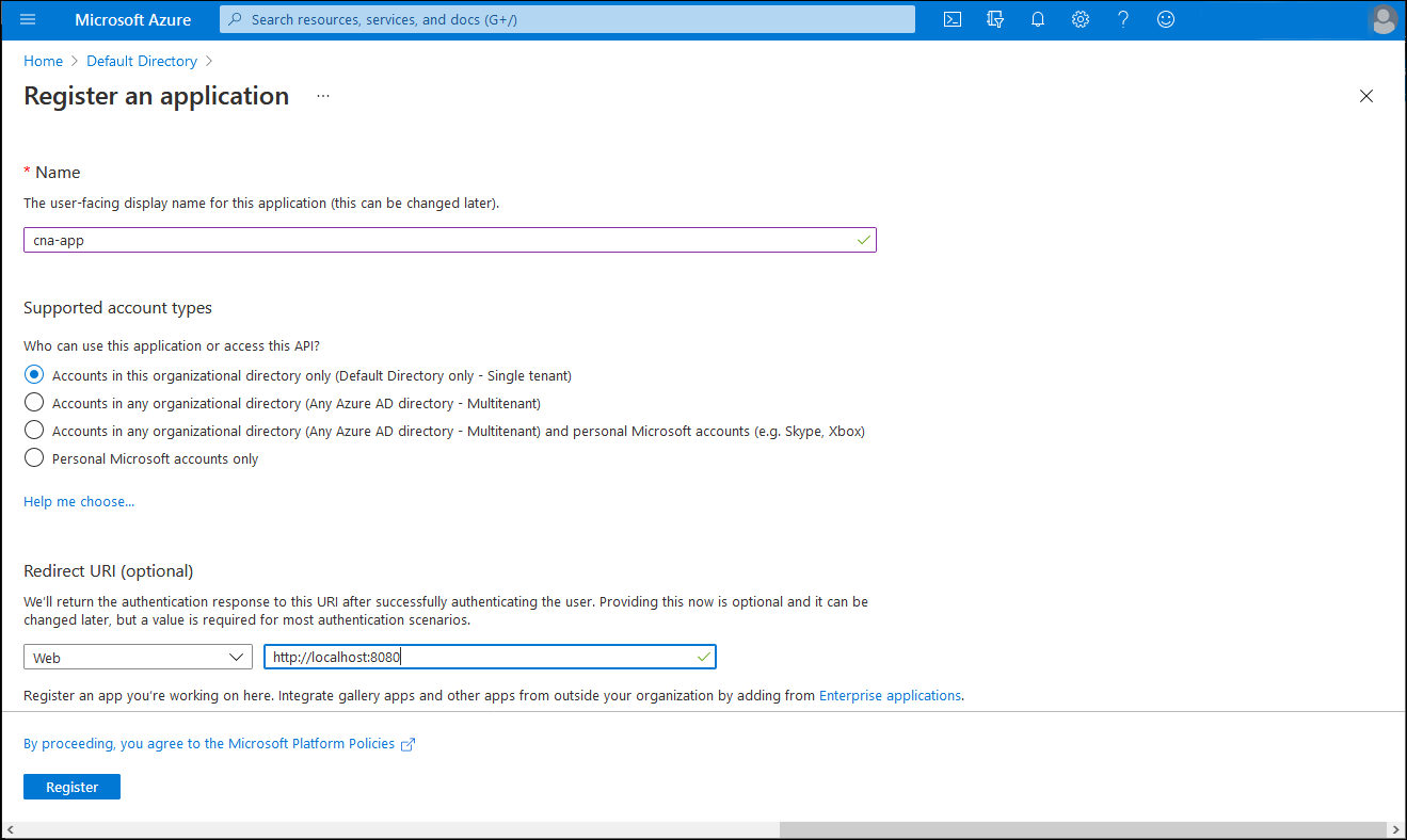 Screenshot of the Register an application blade in the Azure portal.