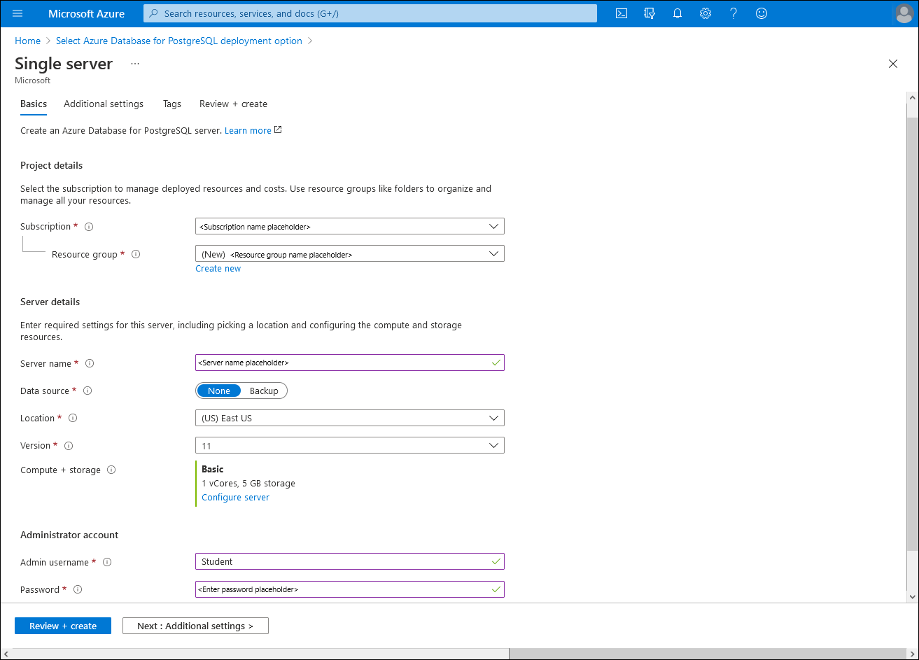 Screenshot of the Basics tab of the server blade in the Azure portal.