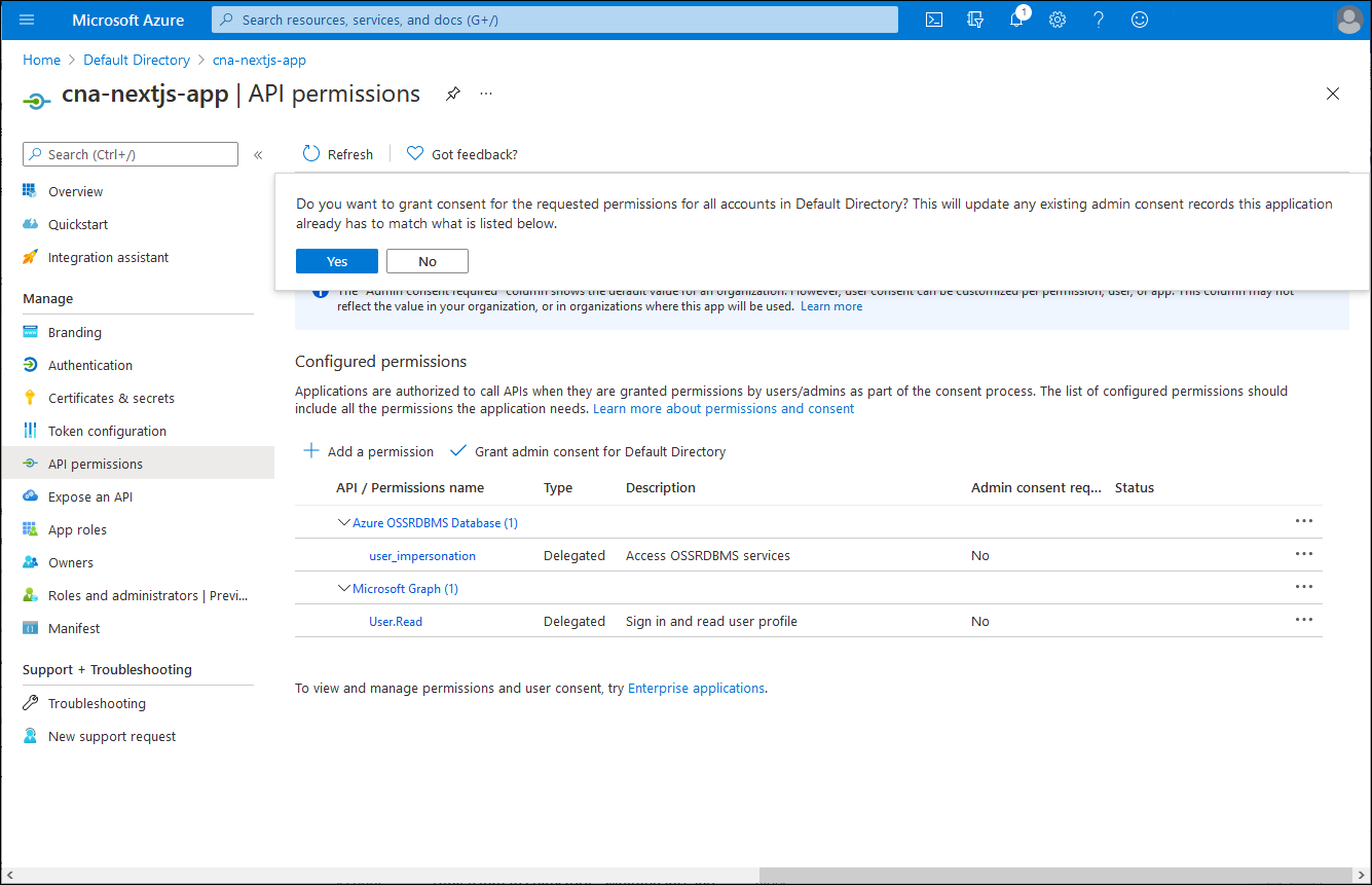 Screenshot of the cna-nextjs-app API permissions blade in the Azure portal, with the prompt to confirm granting of the admin consent.