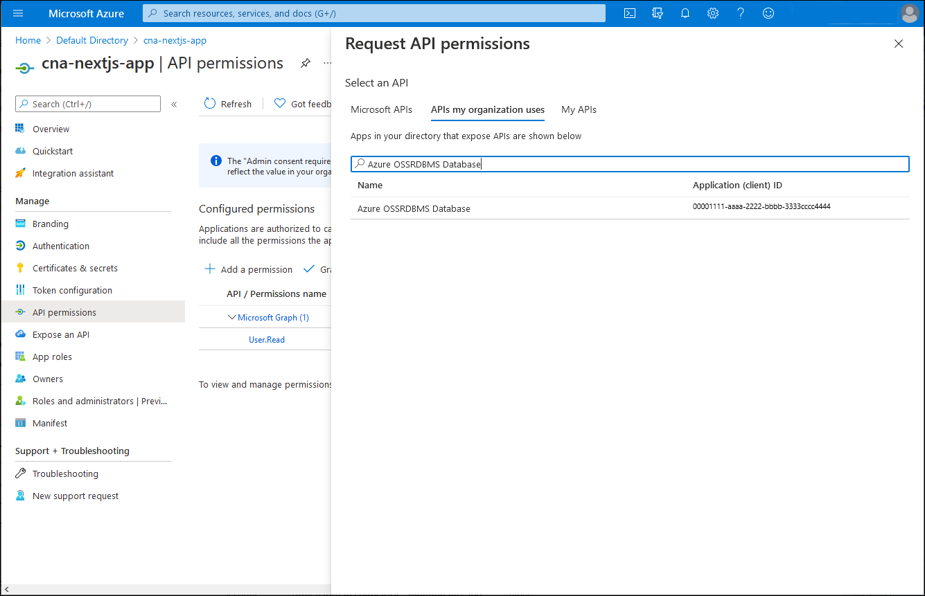 Screenshot of the Request API permissions blade in the Azure portal.