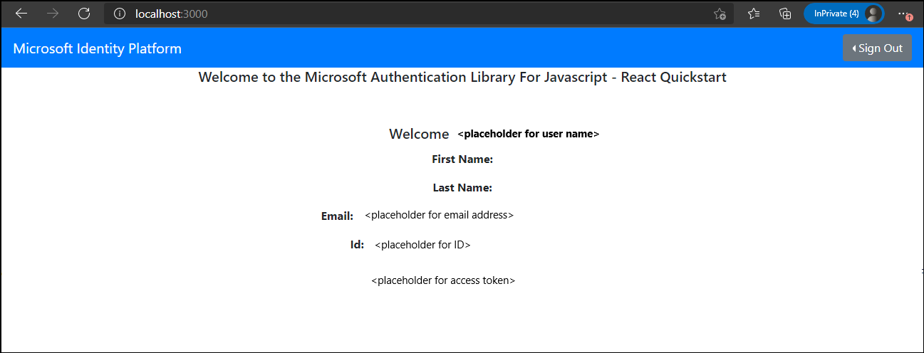 Screenshot of the Welcome to the Microsoft Authentication Library For JavaScript - React Quickstart page with the adatumuser1 profile information.