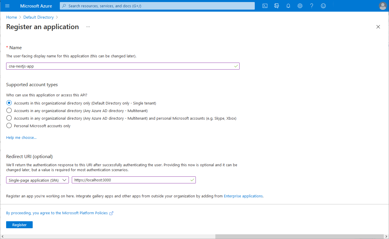 Screenshot of the Register an application blade in the Azure portal.