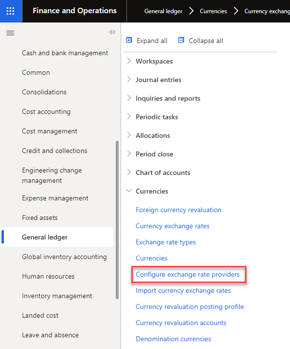 Screenshot showing how to navigate to the Configure exchange rate providers page.