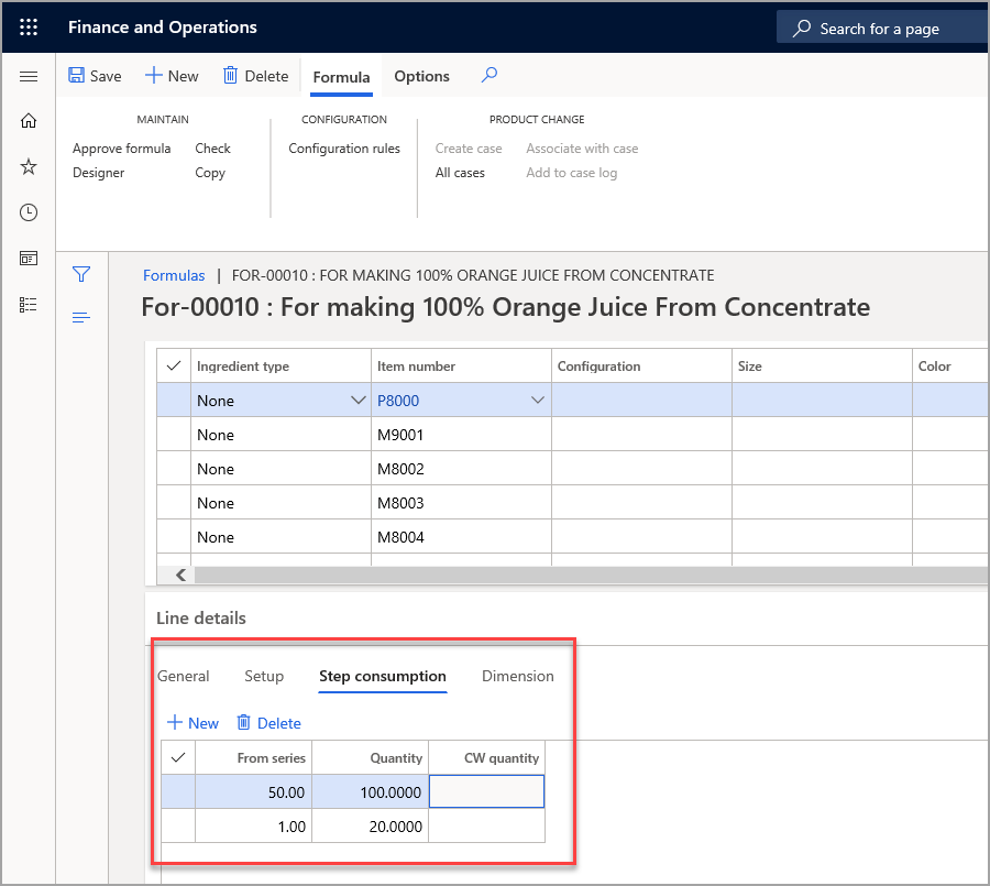 Screenshot of the Step consumption tab on the Formulas page. 