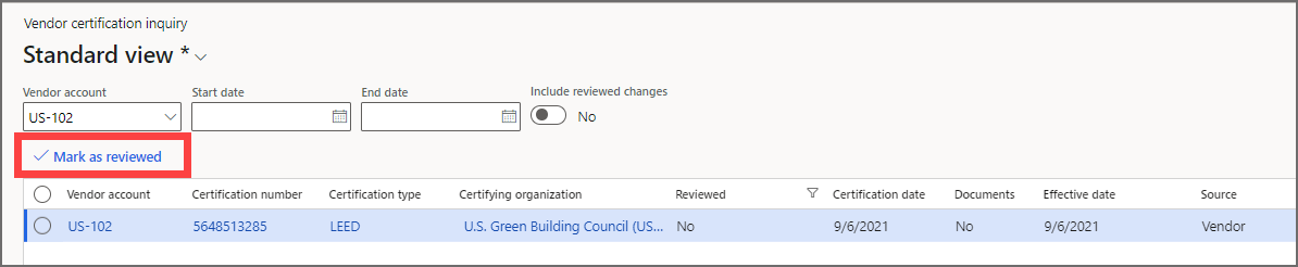 Screenshot of the Vendor certification inquiry page, showing a registered certification.