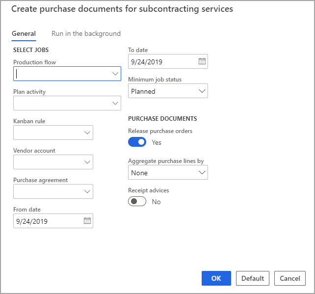 Screenshot of the Create purchase documents for subcontracting services page.