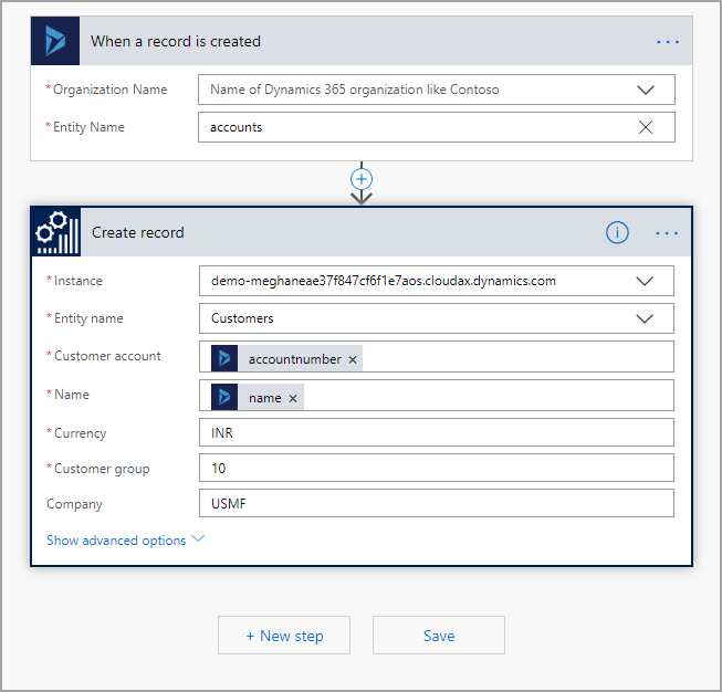 This image shows how to initiate a flow creation by linking to the finance and operations apps environment.