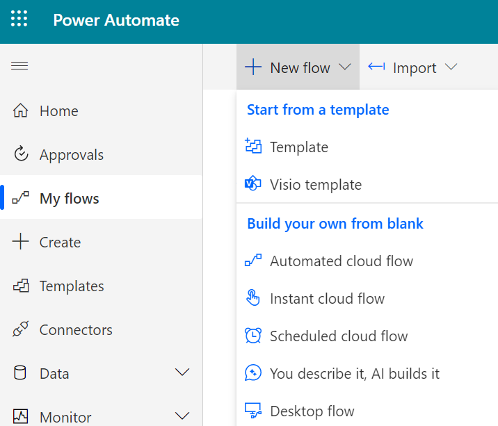 This image shows how to create a new app in the My flows section.