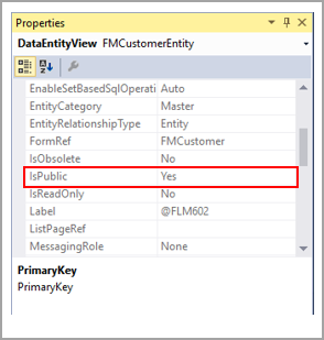 This image shows how to verify that the data entity view is public.