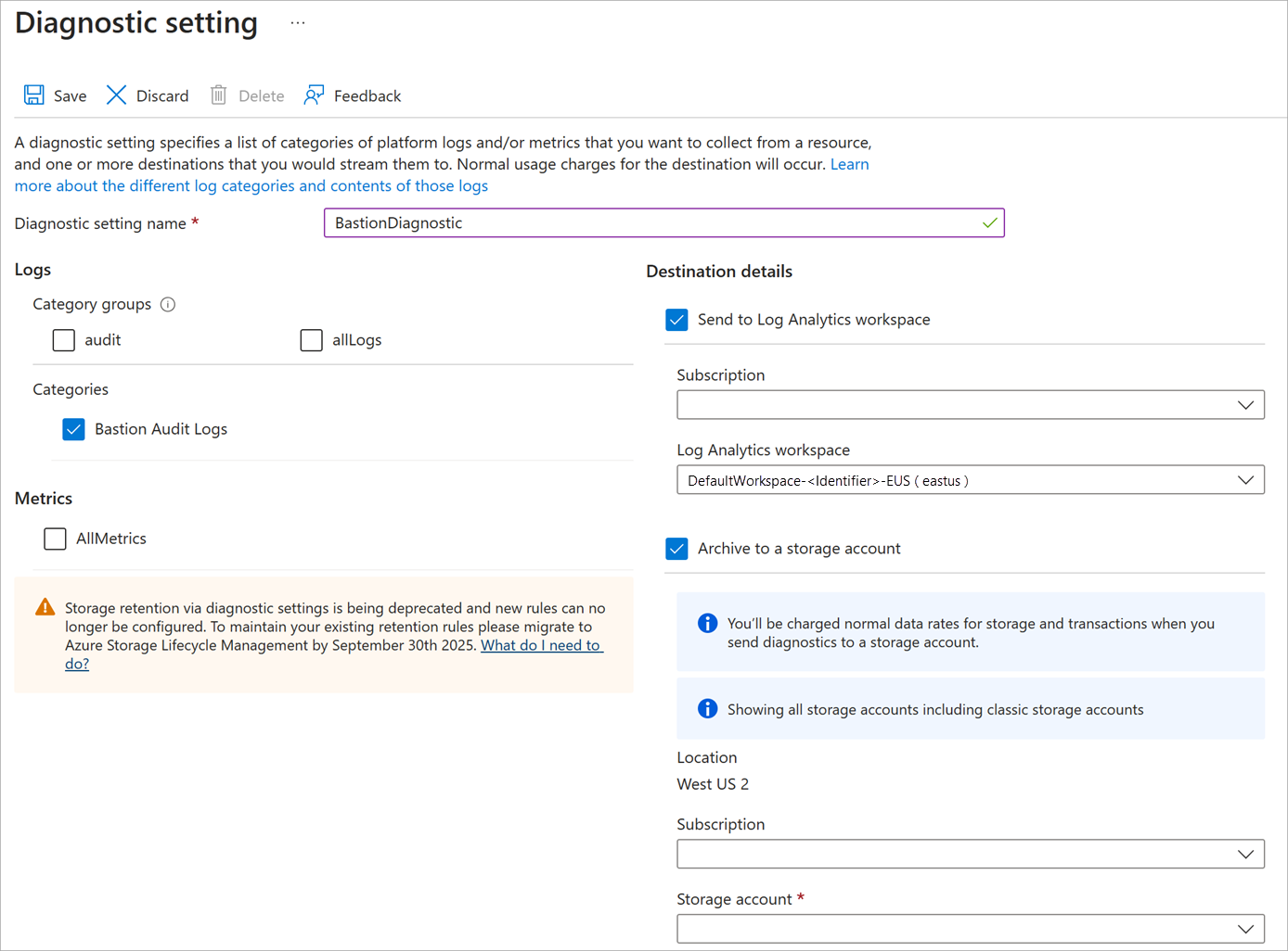 Screenshot that shows the Diagnostics setting page filled out.