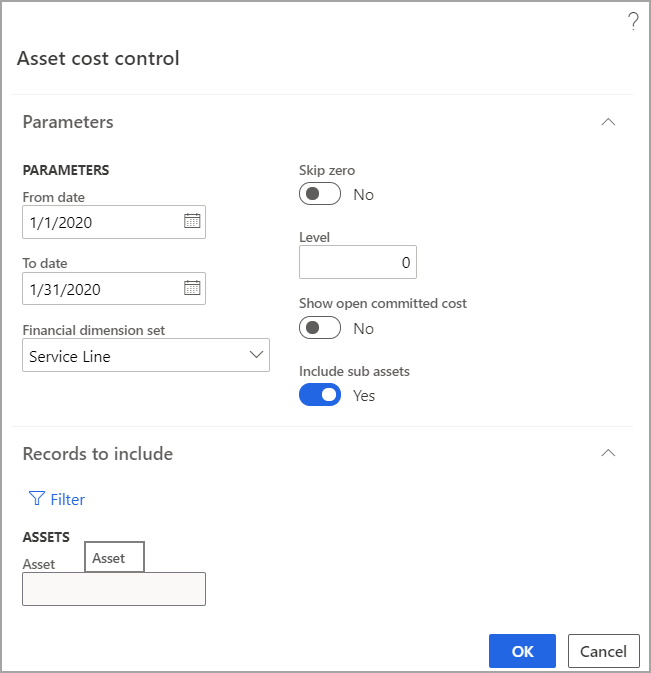 Screenshot of the Asset cost control dialog box.