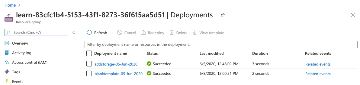 Screenshot of the Azure portal interface for the deployments with the two deployments listed and succeeded statuses.