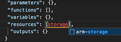 Visual Studio Code azure Resource Manager-storage snippet shown under the typed word storage.