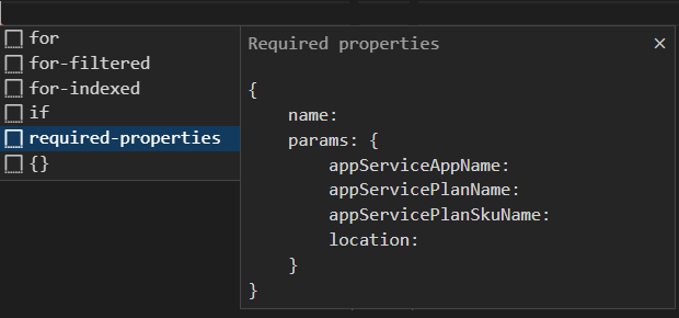 Screenshot of Visual Studio Code that shows the option to scaffold a module with its required properties.