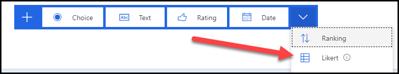 Screenshot of the dropdown menu showing Ranking and Likert, with an arrow pointing to the Likert question type.