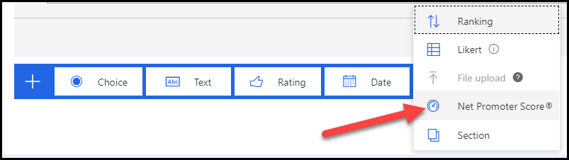 Screenshot of the dropdown menu selected and an arrow pointing to the Net Promoter Score option.