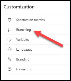 Screenshot of the Customization menu expanded and an arrow pointing to the Branching option.
