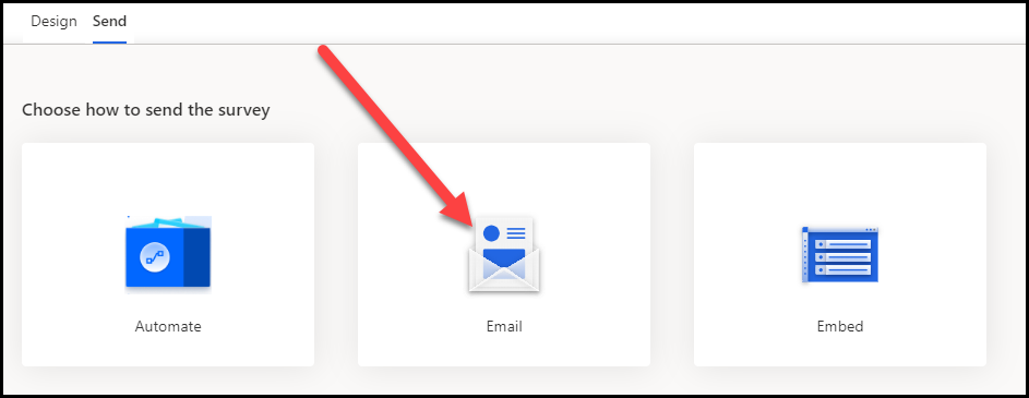 Screenshot of the Send tab showing the Choose how to send the survey section with an arrow pointing to Email.