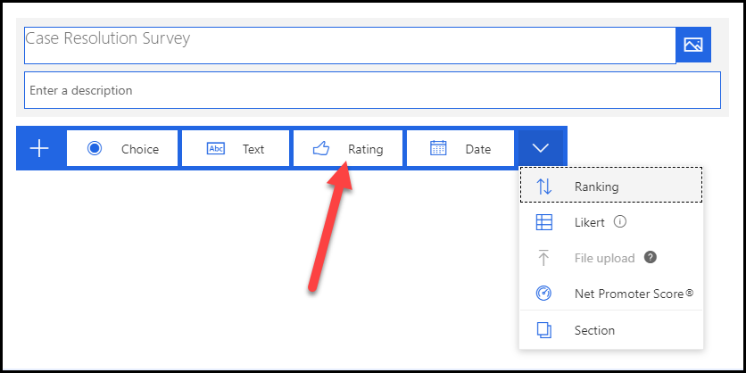 Screenshot of the Rating question type, showing the Ranking, Likert, File upload, Net Promoter Score, and Section question types.