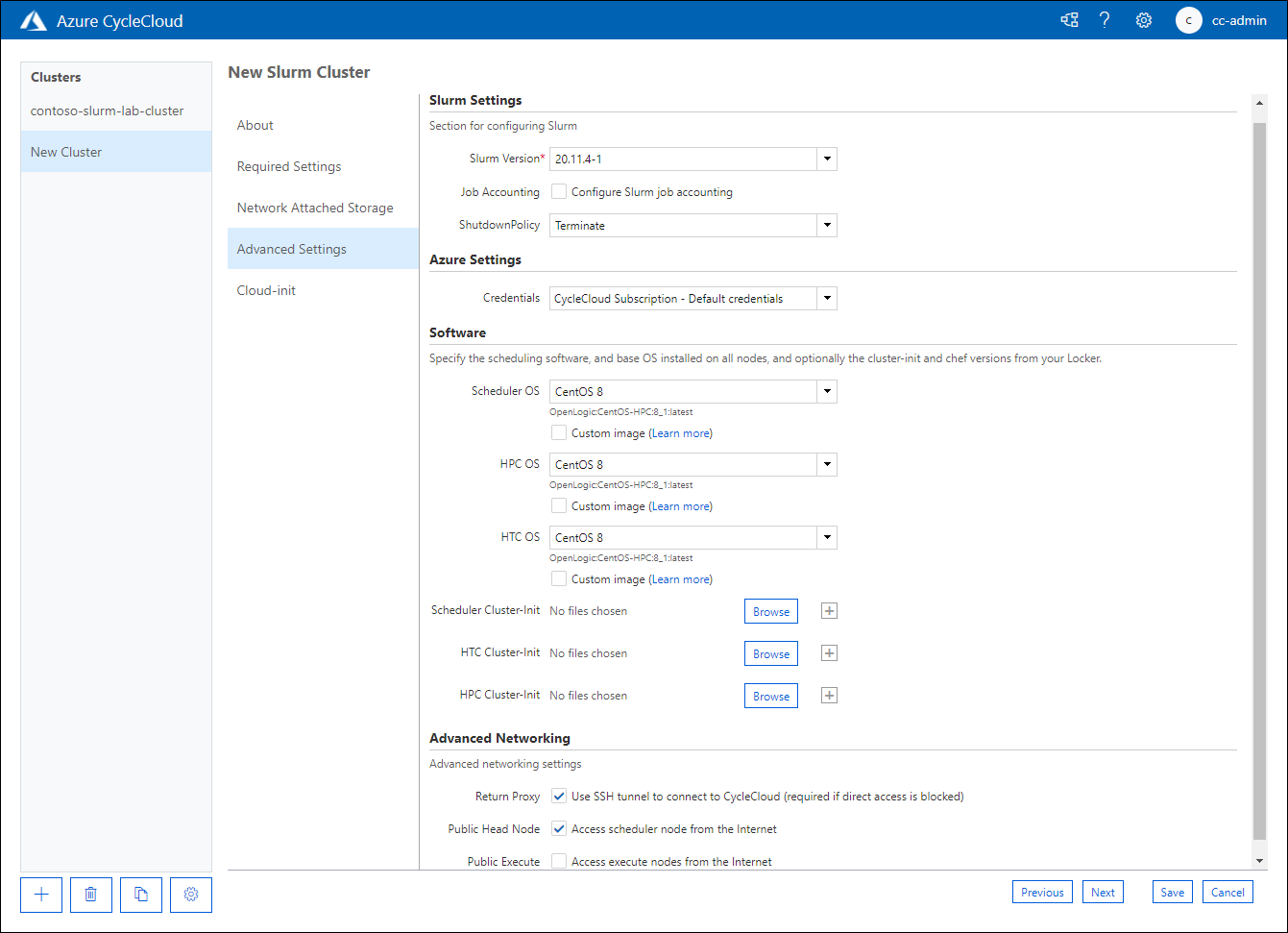 Screenshot of the Advanced Settings tab of the New Slurm Cluster page of the Azure CycleCloud web application.