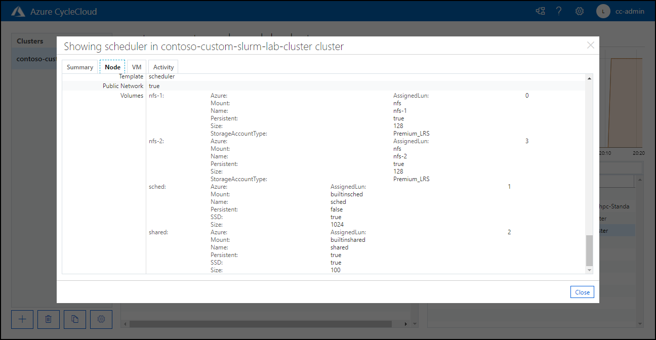 Screenshot of the Node tab page of the detailed view of a cluster configured with two additional NFS volumes.