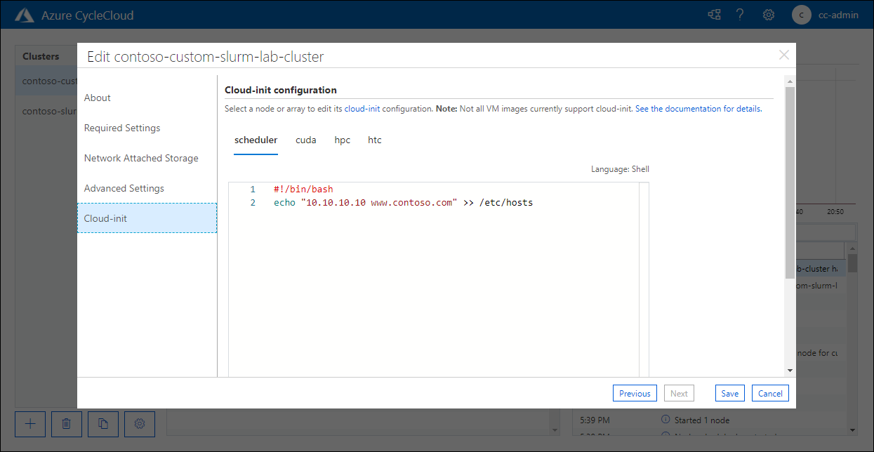 Screenshot of the Cloud-init tab of the Edit contoso-custom-slurm-lab-cluster pop-up window in the Azure CycleCloud web application.