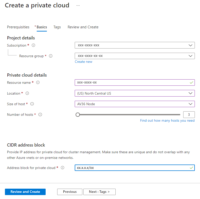 Screenshot of the Azure portal showing how to create an Azure VMware Solution private cloud with all required fields for deployment.