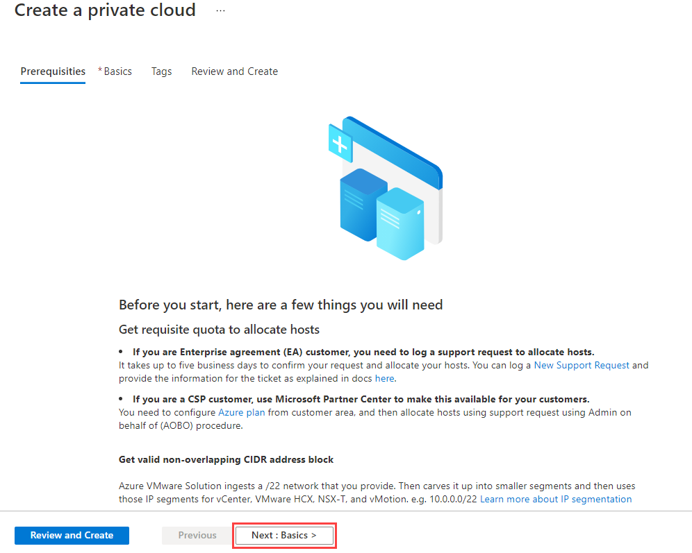 Screenshot that shows the prerequisites pane before building the Azure VMware Solution environment in Azure.