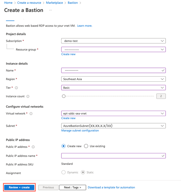 Screenshot of the Azure portal showing how to create an Azure Bastion host, with fields containing example values.