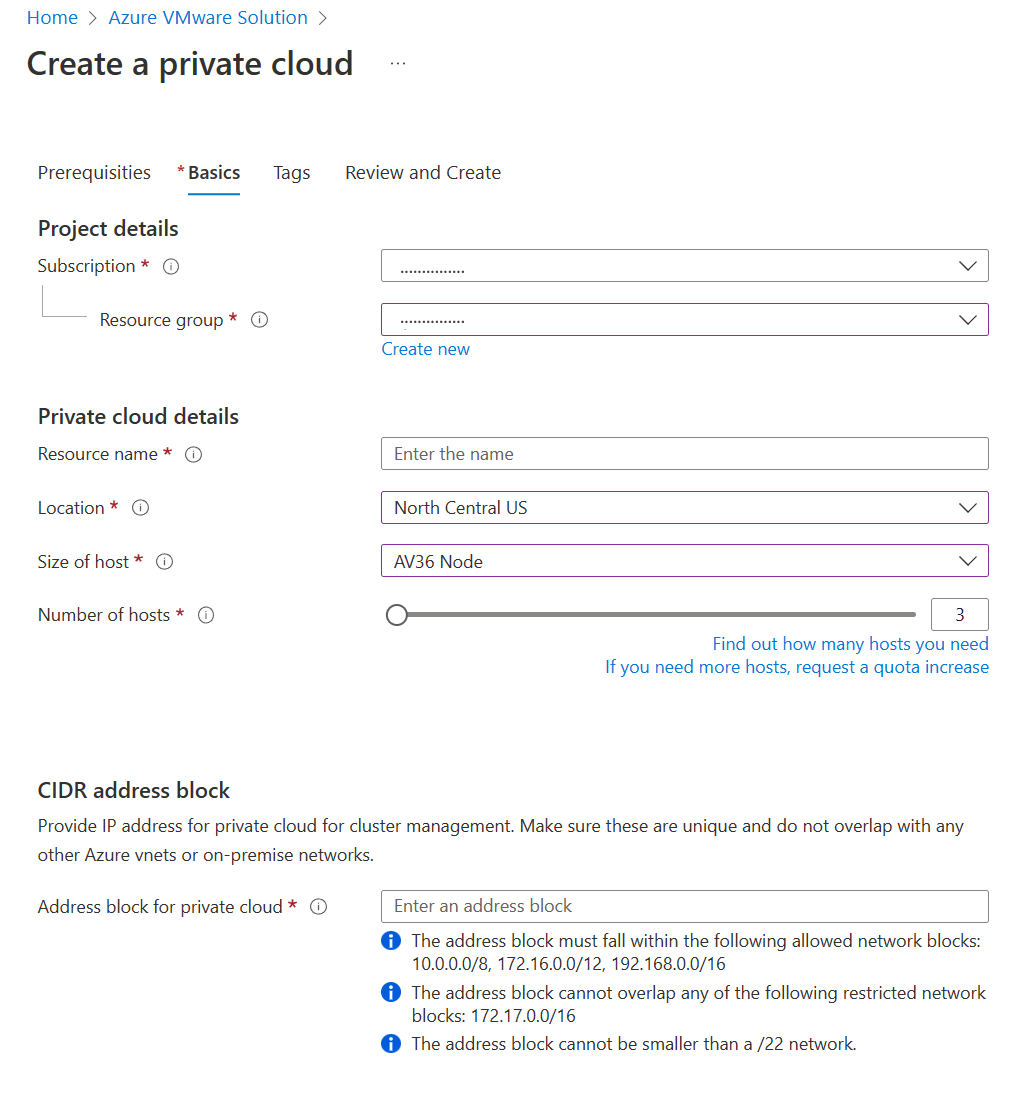 Screenshot of the Azure portal showing the virtual network field left blank during a private-cloud deployment.