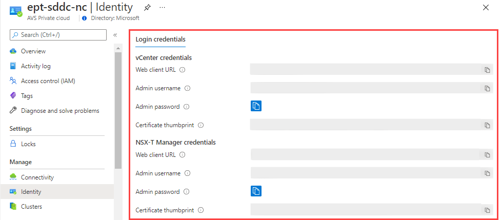 Screenshot of the Azure portal page, showing where login credentials are displayed after Azure VMware Solution has been deployed.