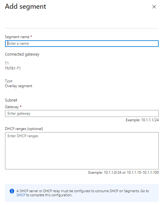 Screenshot of the Azure portal showing where to provide details for the network segment.