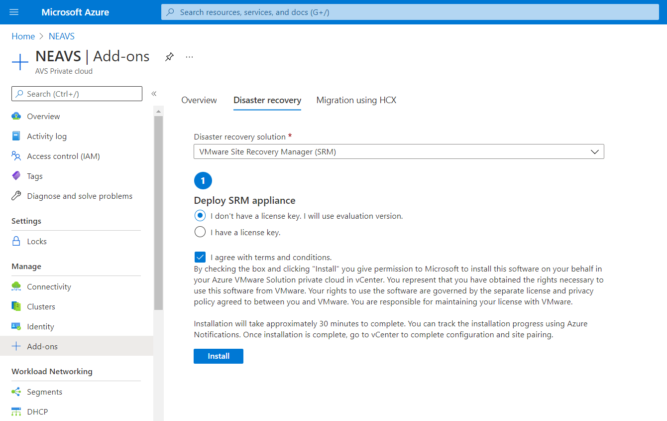 Screenshot of the Disaster recovery tab in Azure VMware Solution.