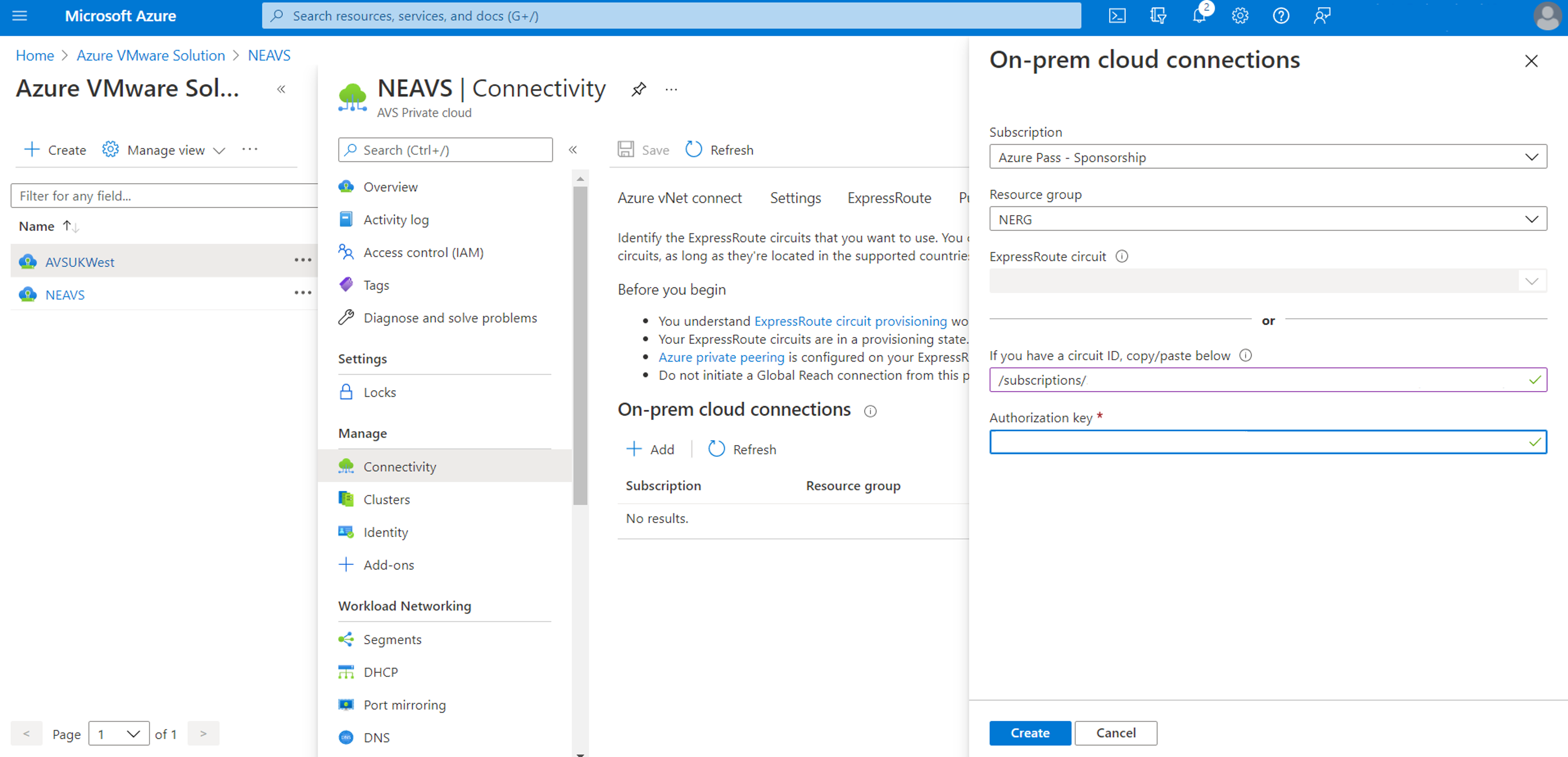 Screenshot of the On-prem cloud connections window in Azure VMware Solution.