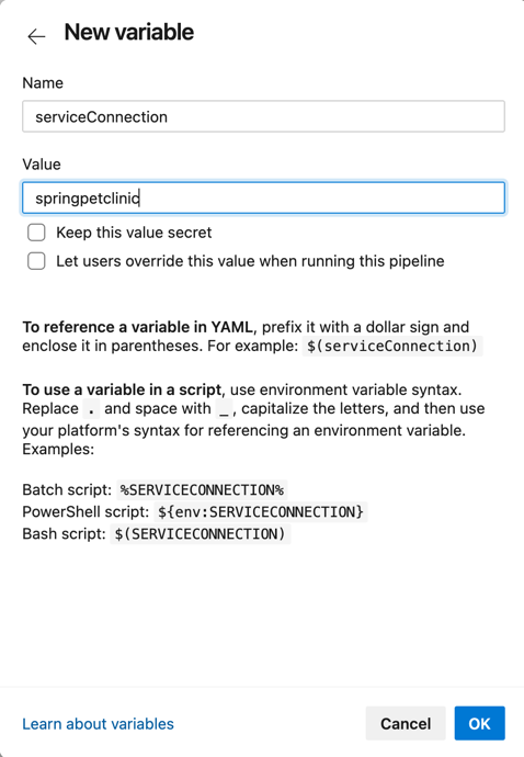 Screenshot displaying the new Service Principal variable.