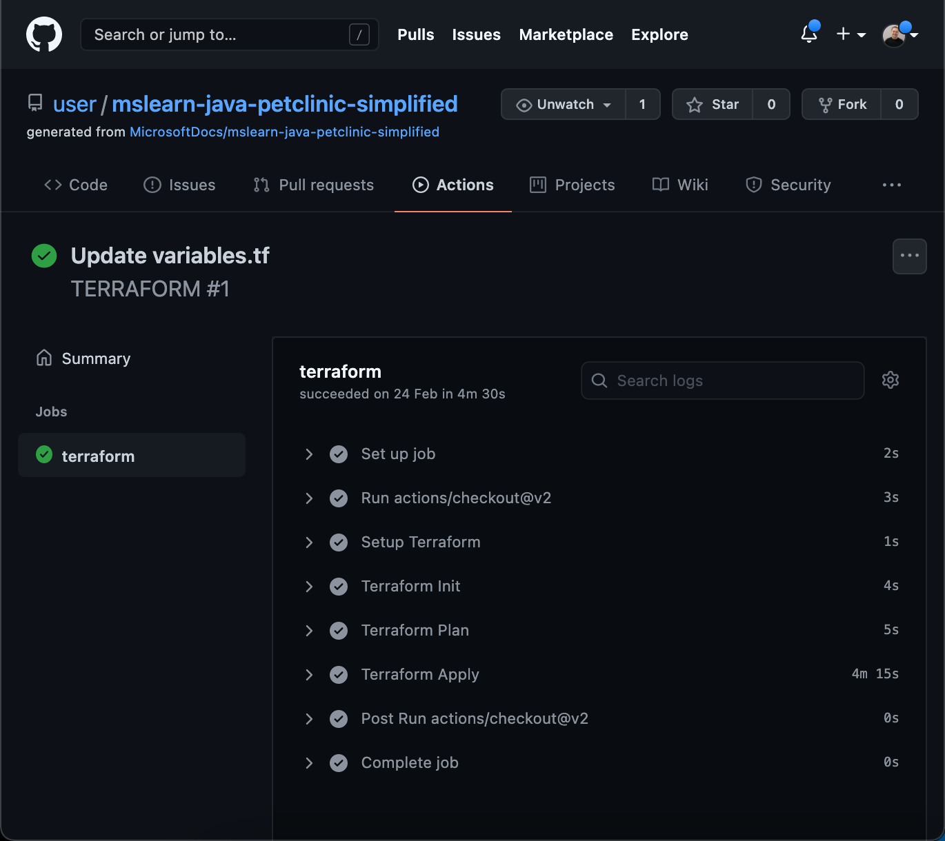 Screenshot displaying the results of the Terraform workflow run.